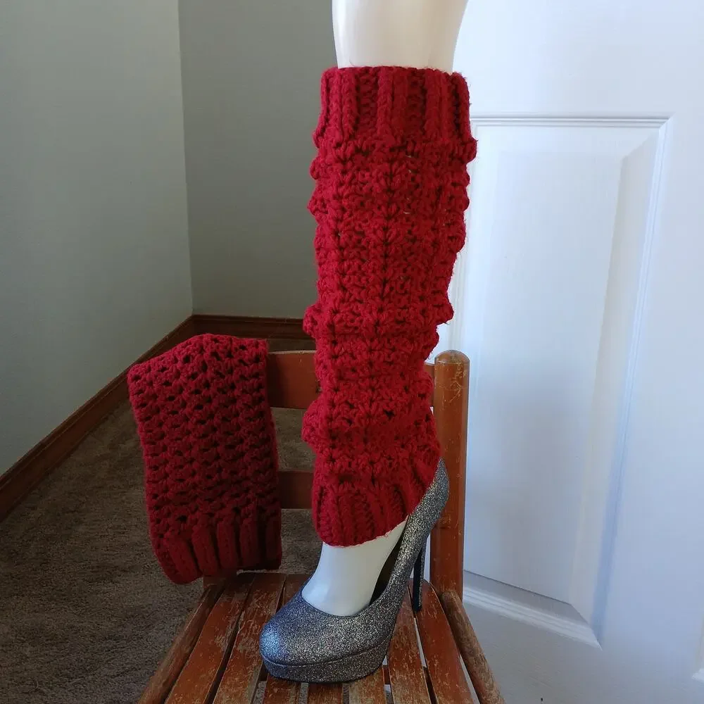 Cherry Red Leg Warmers OSFM crochet warm thick chunky over th knee dance premade